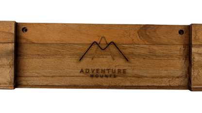 Close up of the raw wood and Trailwood stain on the Powder Chaser premium wood snowboard mount product by Adventure Mounts.