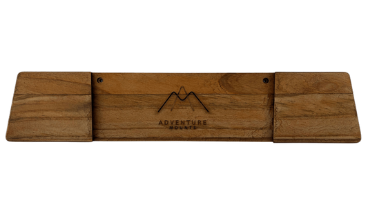 Showing the raw wood and Trailwood stain on the full Powder Chaser premium wood snowboard mount product by Adventure Mounts.